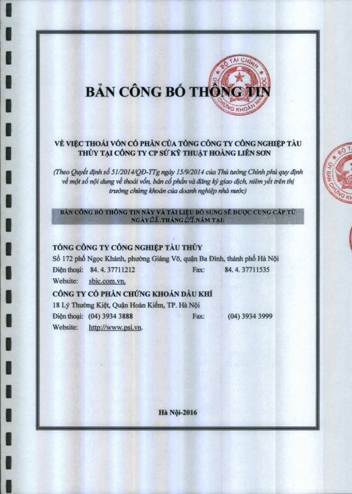 CÔNG BỐ THÔNG TIN THOÁI VỐN TẠI CÔNG TY CP SỨ KỸ THUẬT HOÀNG LIÊN SƠN